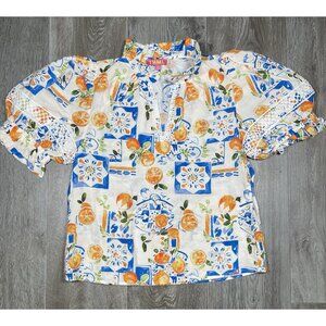 THML Summer Brunch Orange Fruit Print Top Puff Sleeves - Women Size XS